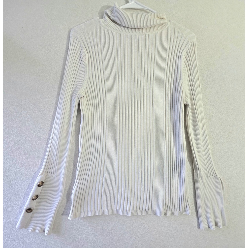 Time and Tru Women Ribbed Turtleneck Sweater Winter White Button Cuff L